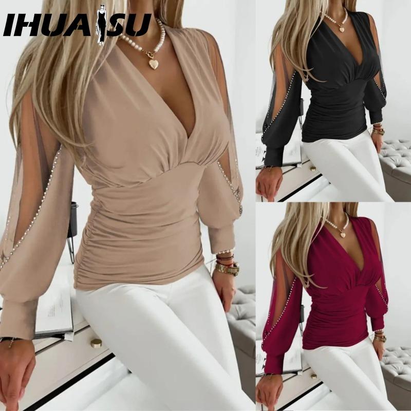 IHUASU Damenmode, lässig, einfarbig, langärmelig, V-Ausschnitt, Blusen und Hemden