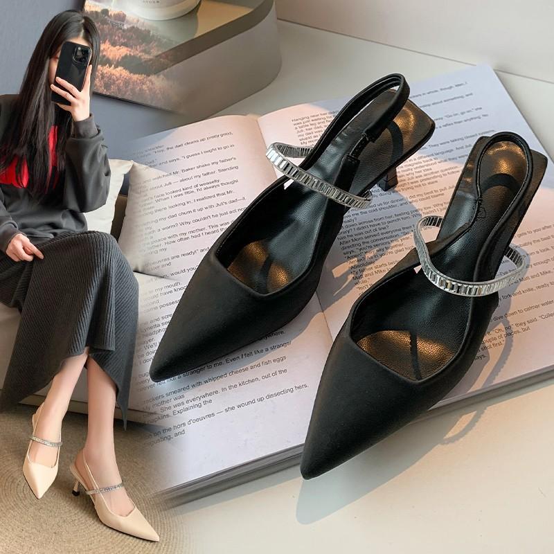 French elegant women's shoes pointed toe thin heel new white bridesmaid shoes with rhinestone temperament women's bag head sandals
