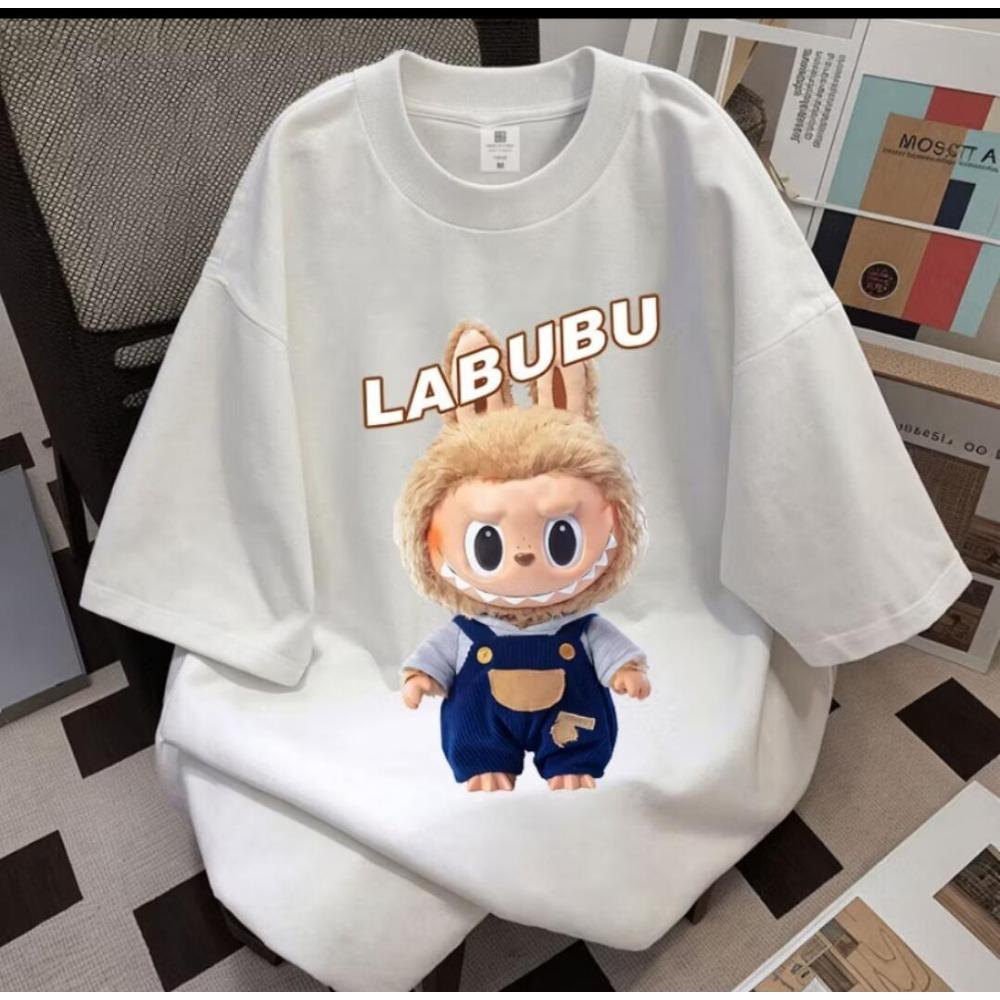 Summer New 2025 Women Labubu Anime Printing Short Sleeved T Shirt Round Neck Daily Fashion Clothes