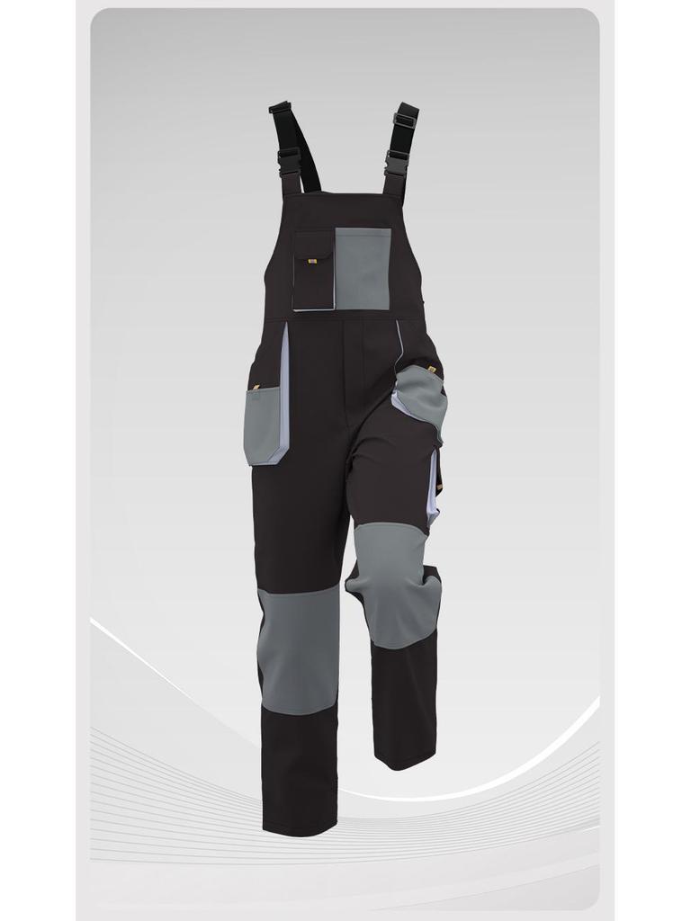 Cross-Border 3D Color-Block Multi-Pocket Hooded Strap Overalls for Labor Protection