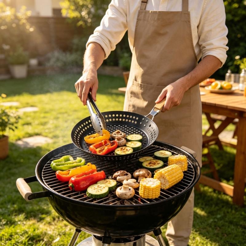 Outdoor Grill Pan for Camp Stove Meals, 12Inch Perforated Iron Pan with Folding Wooden Handle and Nonstick Surfaces