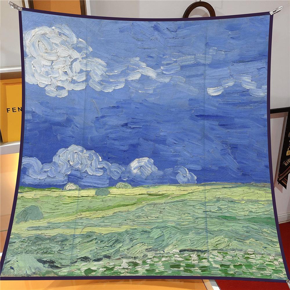 90cm Sternenhimmel Imitation Köper Modischer Seidenschal Quadratisch Damen Hijab Bandana Foulard Kopftuch Van Gogh Ölgemälde Halstuch