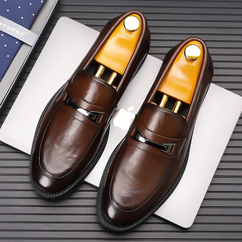 Luxury Brand Casual Shoes Fashion Comfy Slip on Metal Buckle Loafers Handmade Walking Business Leather Shoes Driving Mocassin
