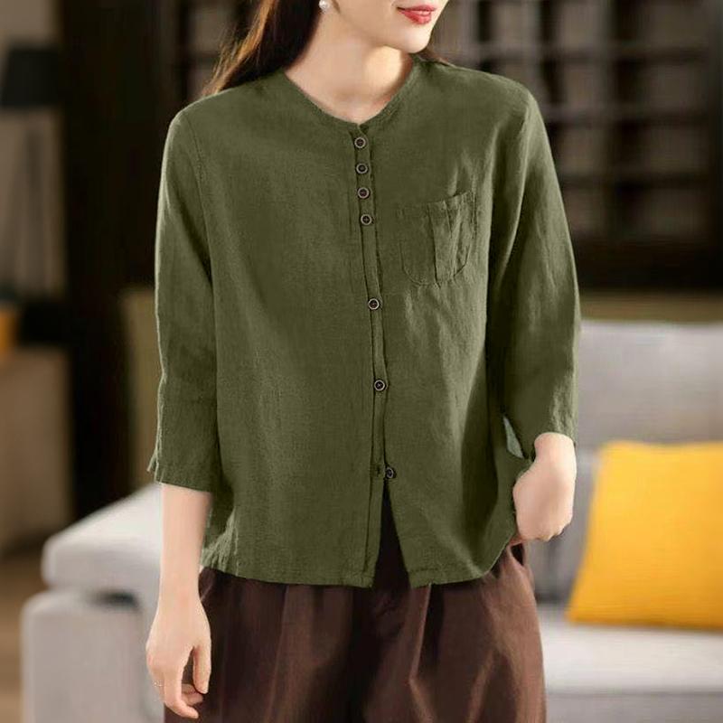 ZANZEA Lässige Damenbluse mit Rundhalsausschnitt und 3/4-Ärmeln, lockere Baumwollbluse