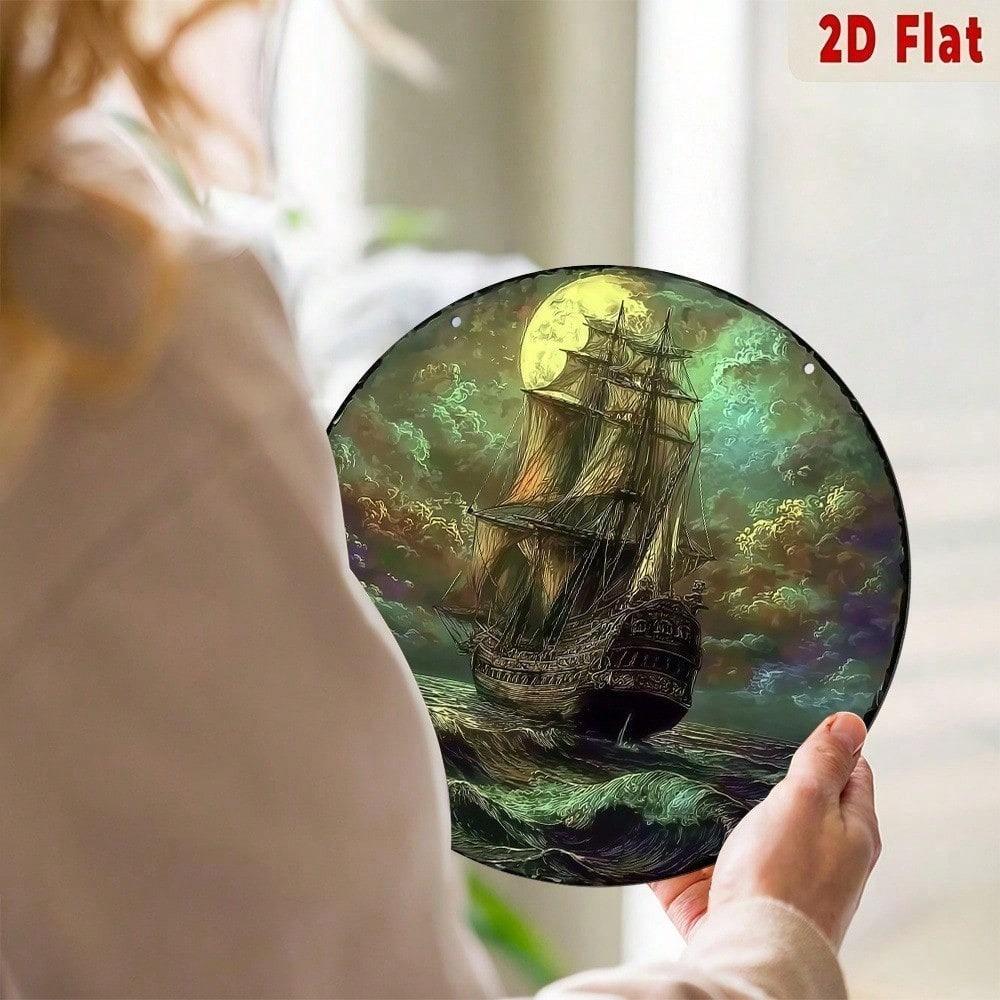 Vintage Moonlit Sailing Ship Metal Wall Art Nautical Aluminum Decor