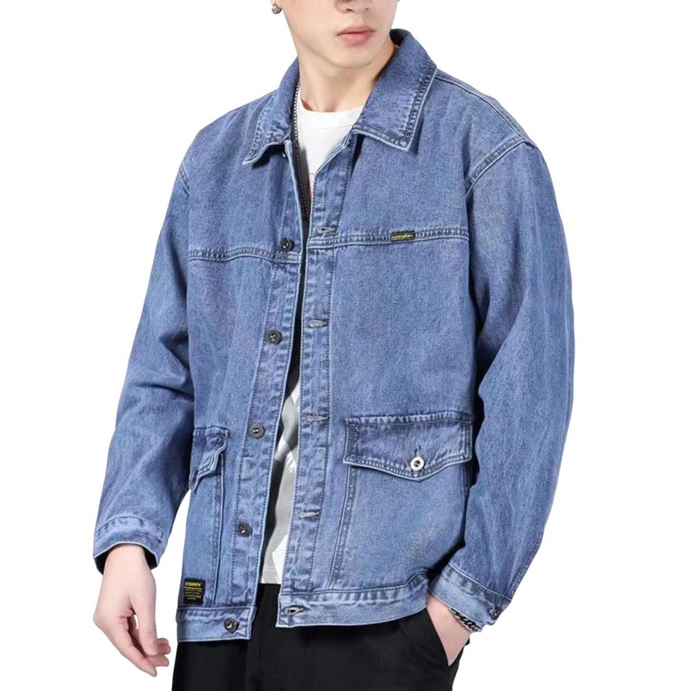 Versatile Denim Jacket Stylish Men's Denim Jacket with Lapel Collar Long Sleeves Large Pockets Fashionable Spring Autumn for Men