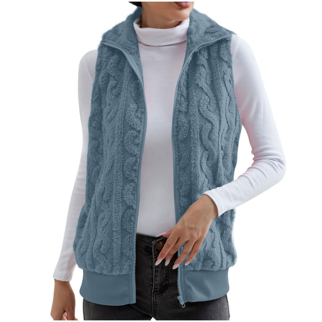 Fashionable Ladies Plaid Comfortable Fleece Cardigan Vest Stand Collar Sleeveless Women's Jacket