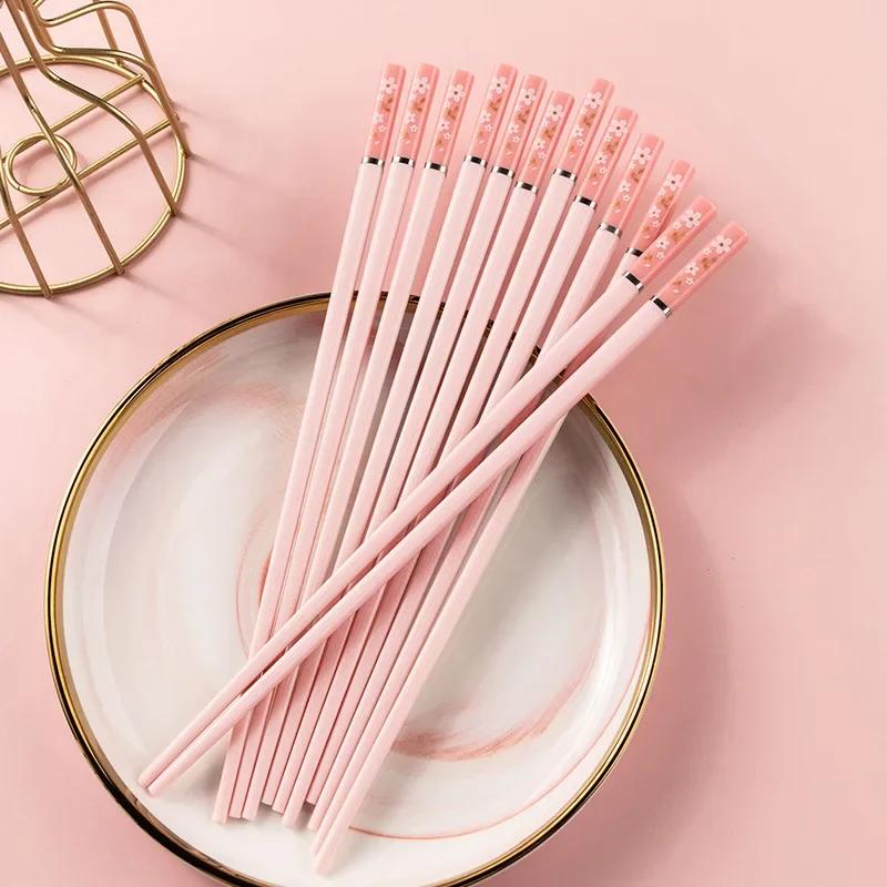 1 Pair of Household Kitchen Chinese Pink Cherry Blossoms Alloy Chopsticks Chopsticks Hot Pot Cooking Utensils Cute Chopsticks