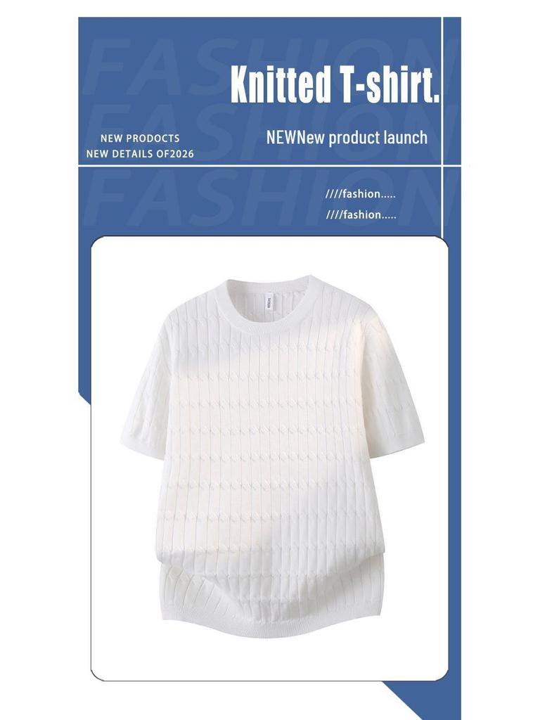 2026 Men's Ice Silk Textured Jacquard Striped Knit T-Shirt