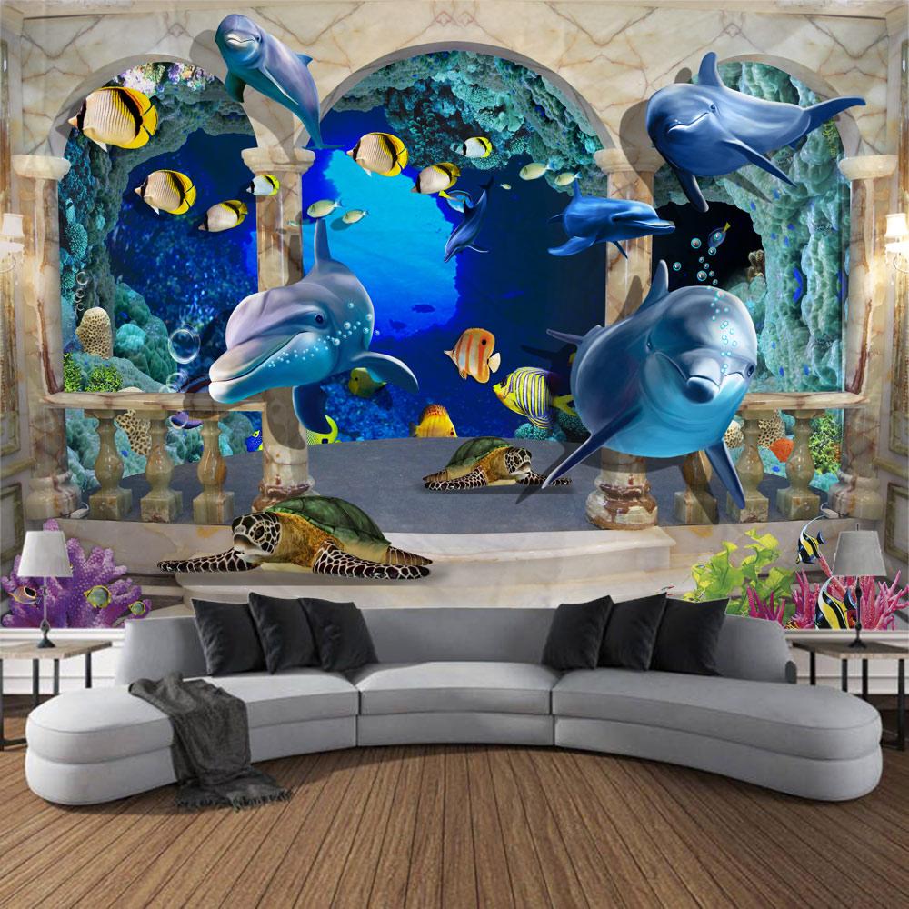 Undersea print tapestry psychedelic room decoration wall hanging ocean coral dolphin home wall decoration cartoon mural