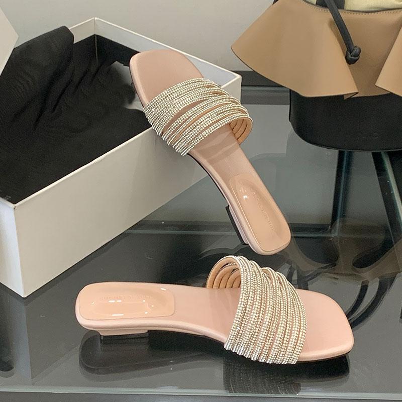Fashion Pink Fashion Bling Women Flats Slippers Shoes Summer Spring Luxury Rhinestones Ladies Slides Slippers Shoes Female Sandals