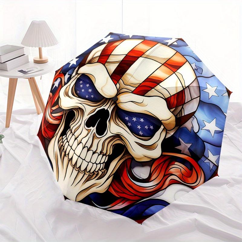 American Flag Skull Umbrella, Portable 3-Fold Compact Umbrella,Christmas Gift E