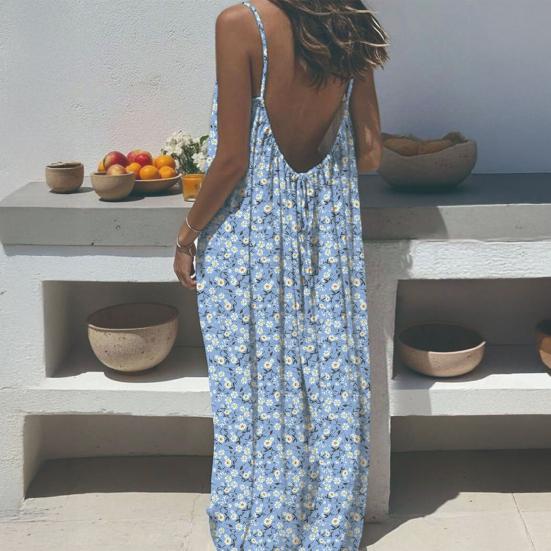 Women Long Slip Dress Breathable Summer Floral Print Casual Sleeveless Dress Spaghetti Strap Loose Swing Hem Ankle Length Beach Dress