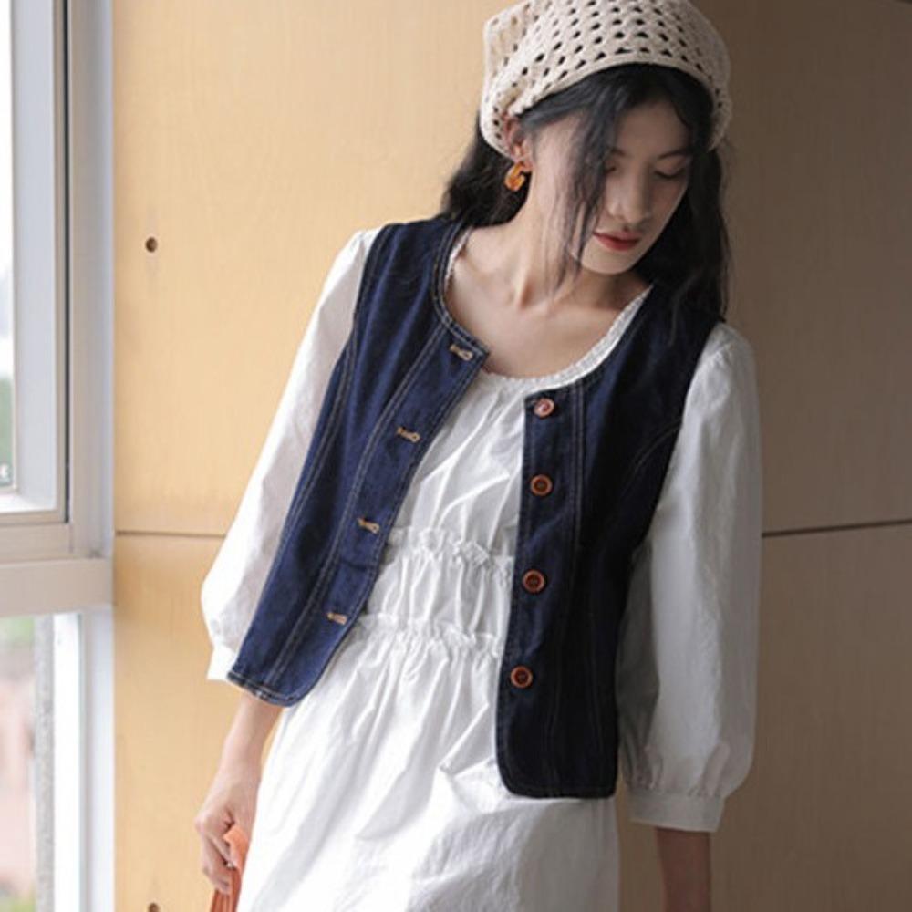 All Match Vintage Denim Vests Blue Cropped Sleeveless Jacket Simple Button-up Short Coats  Ladies