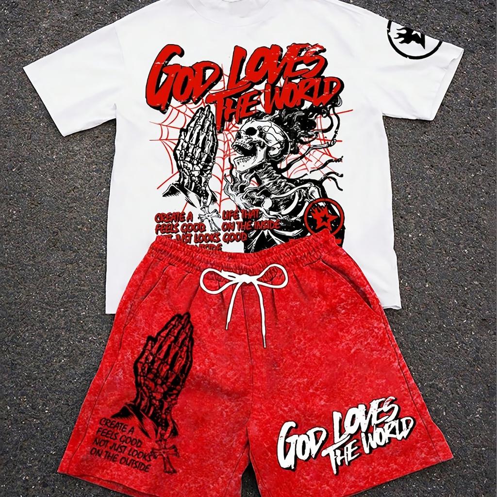 Summer New Men's Short-Sleeved Set with 3D Skull Pattern Print - Street Casual Fashion Comfortable and Soft