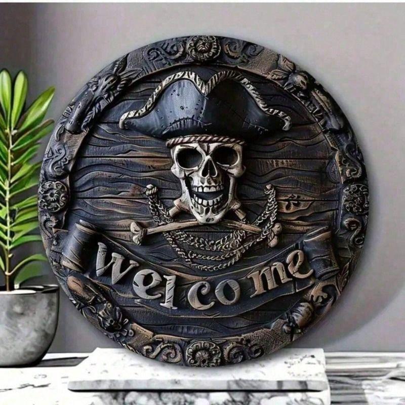 Metal Wall Decor Pirate Skull Poster 8x8 Inch Nautical Theme Home Entry