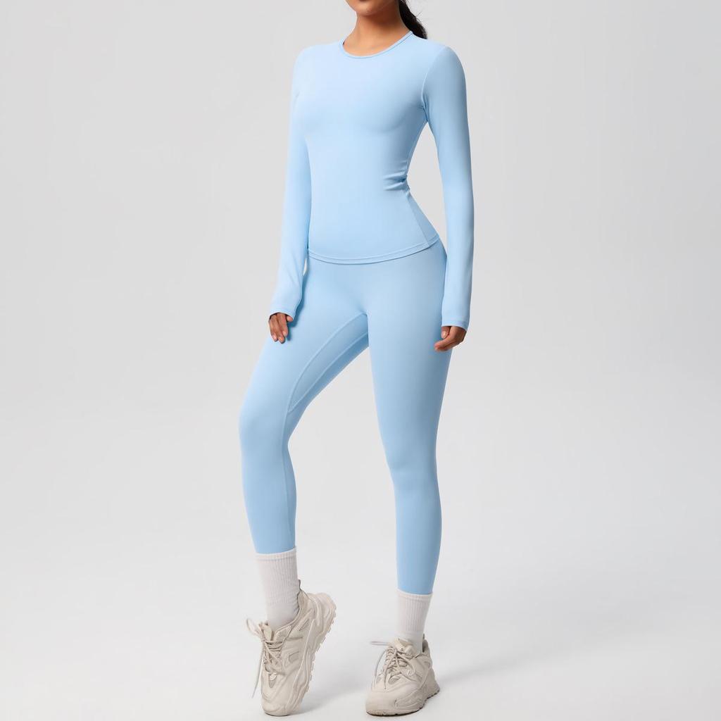 Dual-Sided Solid Color Long-Sleeve Yoga and Running Set - Two-Piece Fitness Outfit