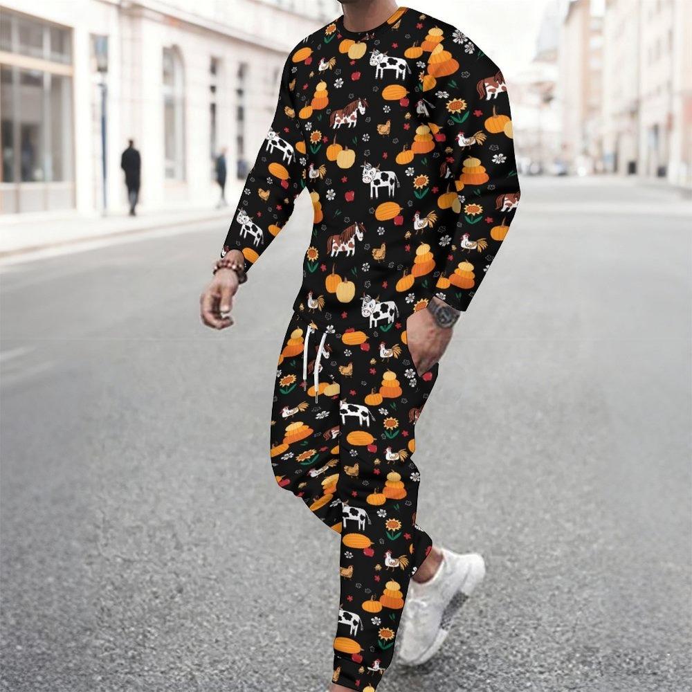 Men Print Two Piece Outfit Crew Neck Sweatshirt Drawstring Jogger Pants Casual Daily Tracksuit Set