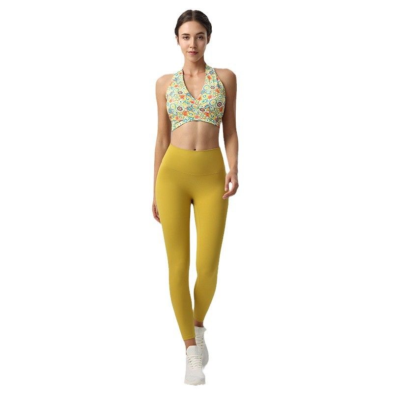 Halterneck Cross Strap Printing Yoga Clothing Top Women's Sexy Beauty Strap Chest Pad Fixed One-Piece Cup Sports Vest