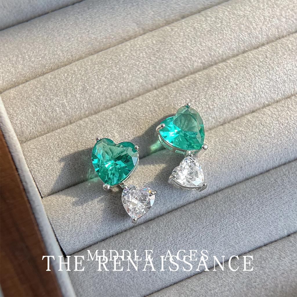 French heavy industry green zircon earrings collection retro literary court style earrings