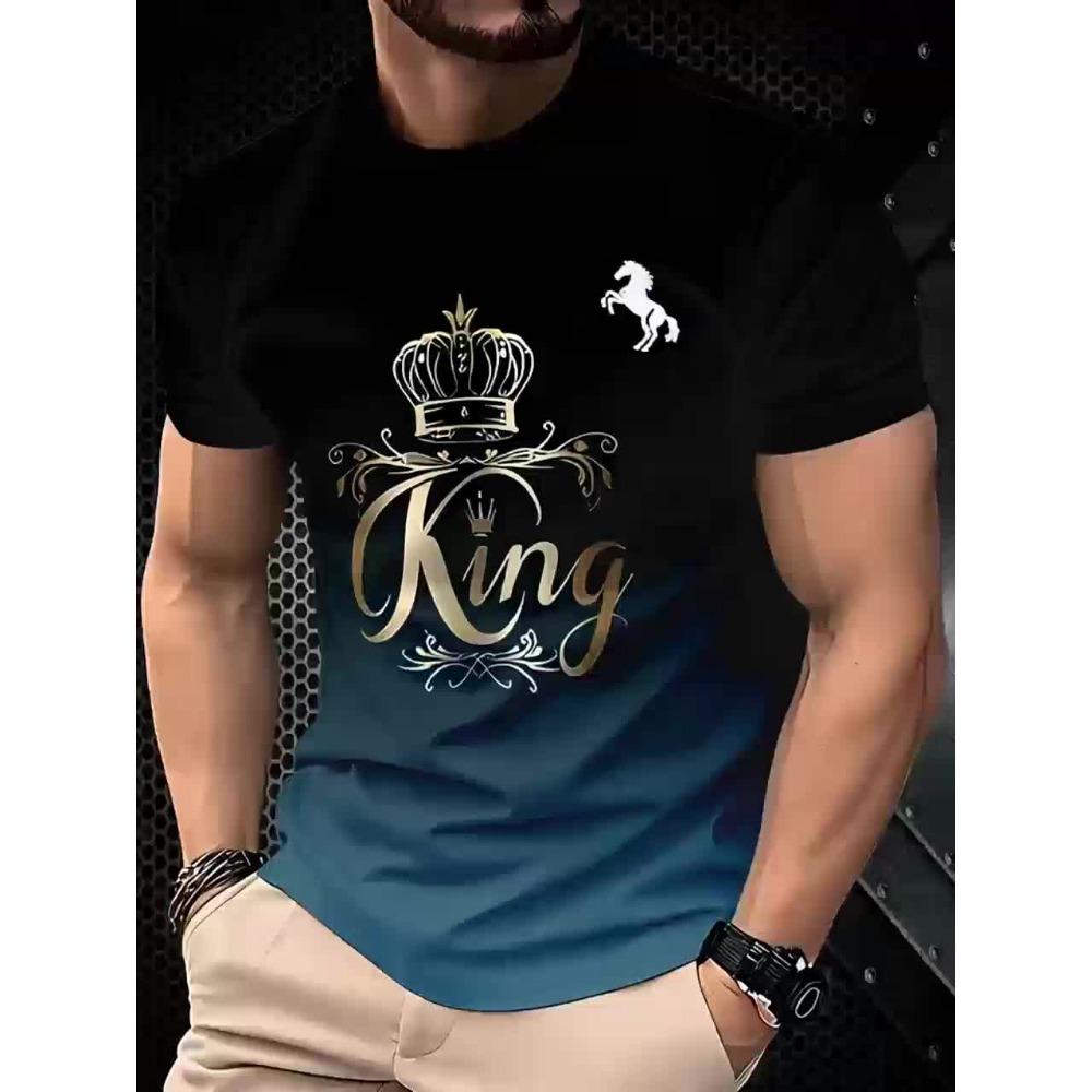 Men's 3D Digital Printed Striped T-shirt, Breathable Short Sleeved Round Neck Casual Sportswear, Daily Business Top