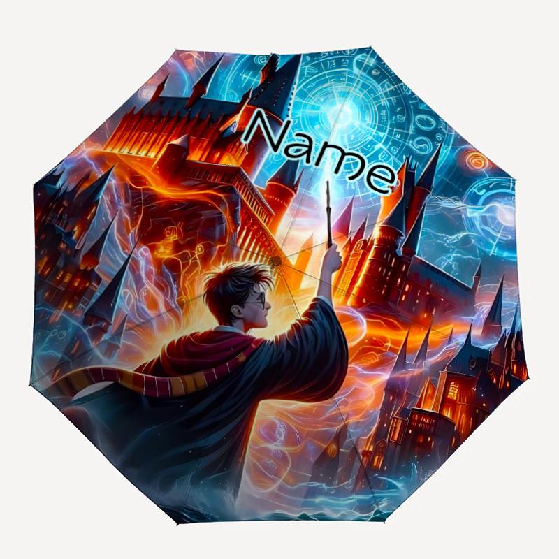 

1PC Hogwarts Wizardry - Custom Name Automatic Folding Umbrella - Compact 8-Rib Design, Durable Plastic & Iron, Daily Use S0106003