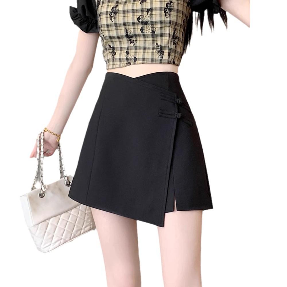 2024 Summer High Waist Plus Size Chinese Style Irregular Skirt Shorts - Slimming Midi Design