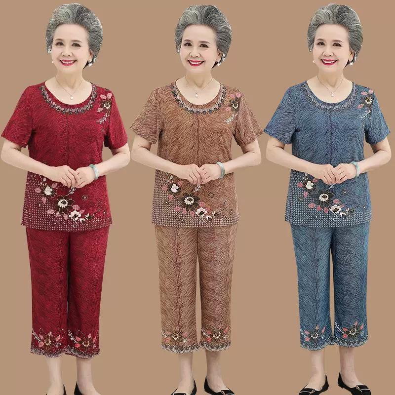 Conjunto de Duas Peças Feminino de Seda Gelada para Primavera Verão, Gola Redonda, Manga Curta + Calças, Conjunto Esportivo Casual