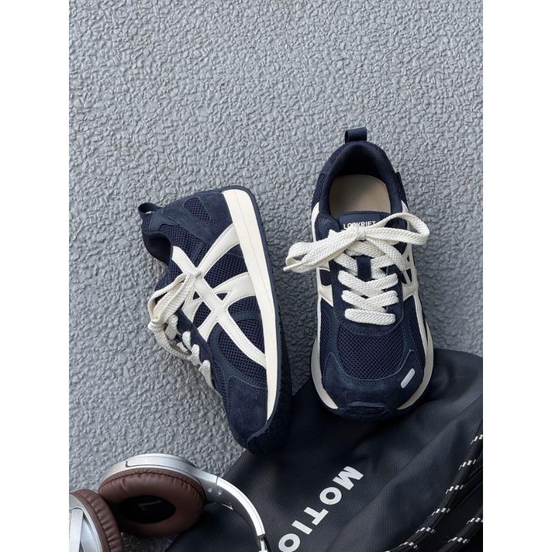 Retro leather color matching spring and summer new round head thick sole heightening breathable mesh sneakers