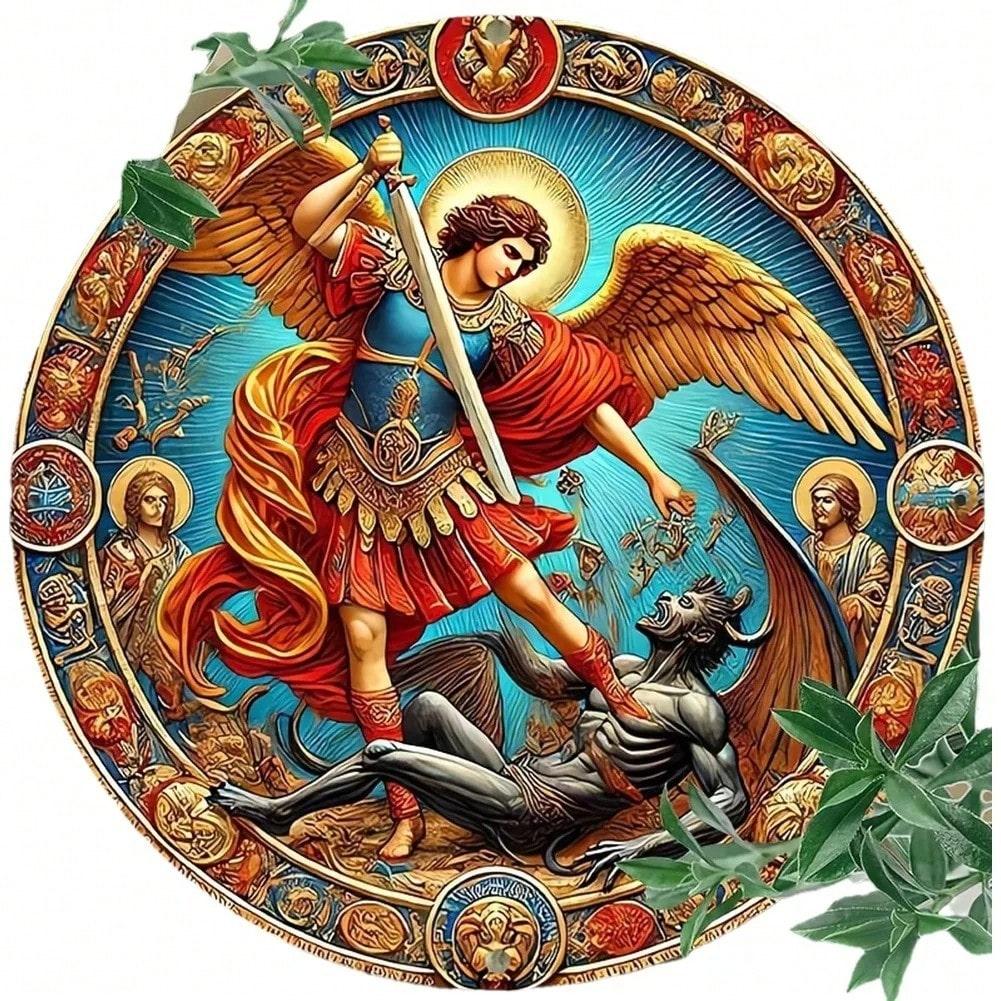 

Металева бляшана табличка Настінне мистецтво Архангел Михаїл Перемагає Демона Винтажний Круглий 8x8 дюймів 20x20