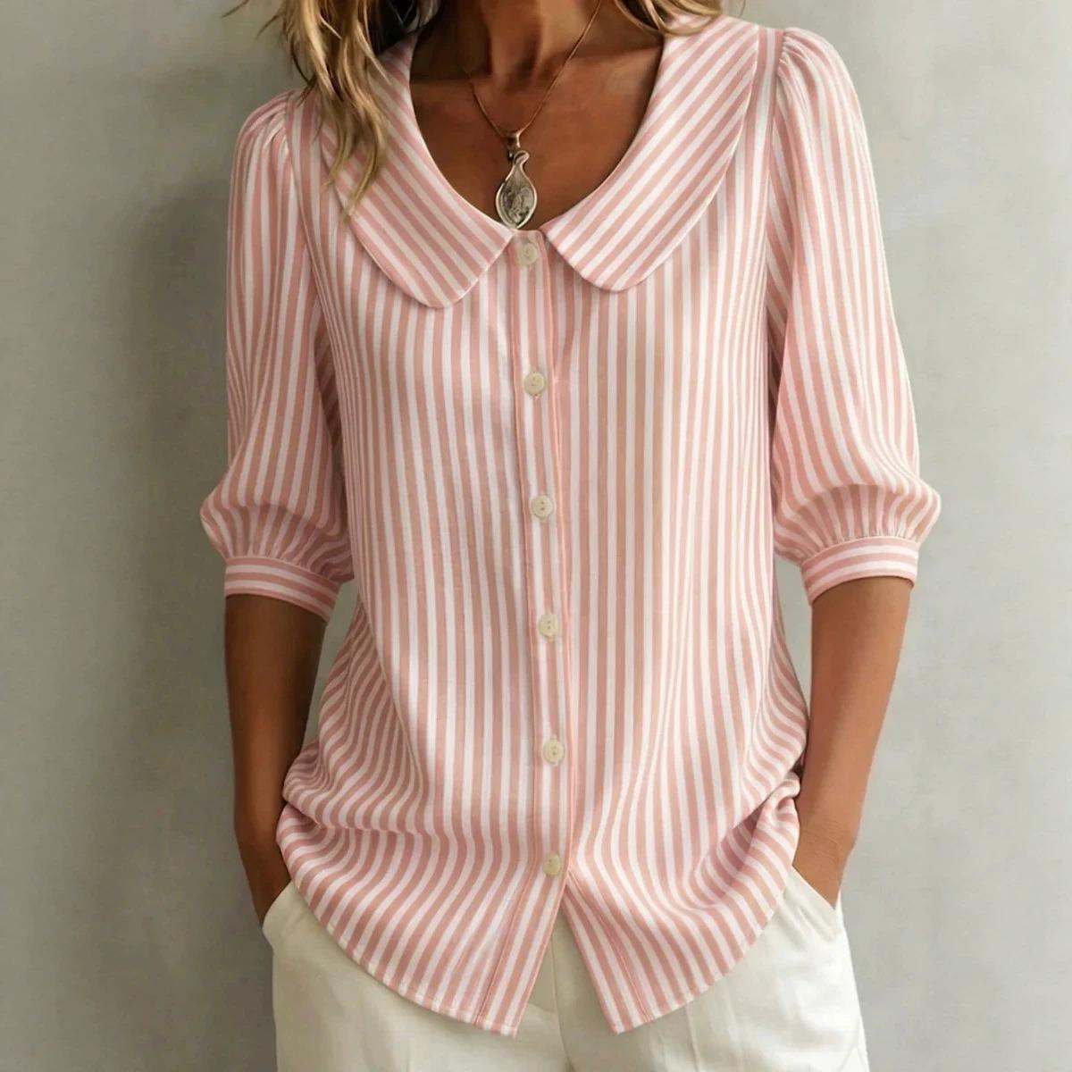 Summer New Women s Doll Collar Striped Button Down Shirt Casual Versatile Blouse for Women S