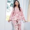 Women Spring and Fall Print Flower Pajamas Set Long-sleeved Shirt with Turn-down Collar + Long Pants Two-piece Set