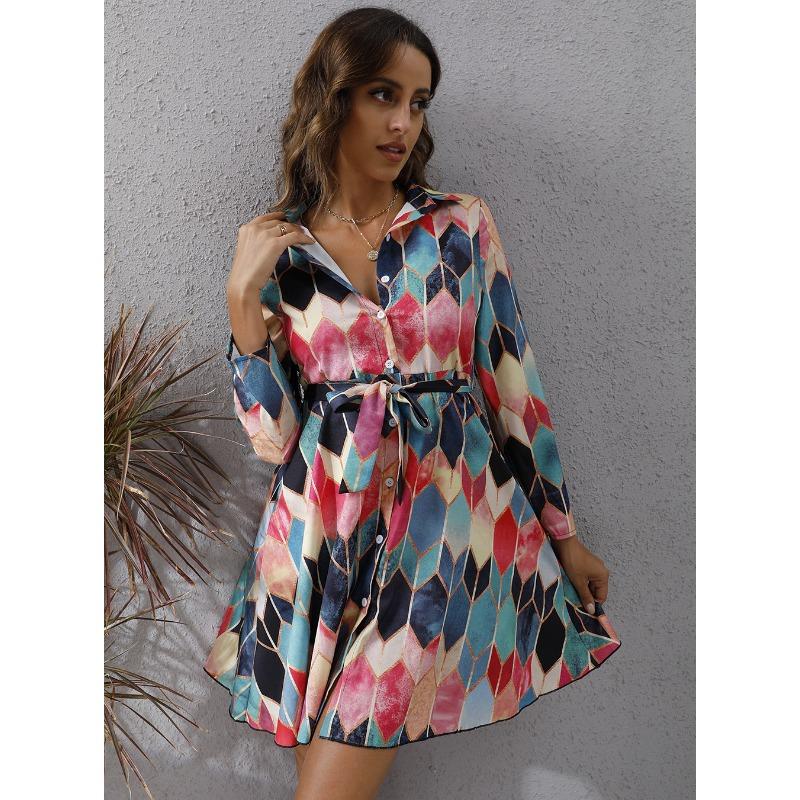 Fall Geometric Lace-up Single-breasted Long-sleeved Dress