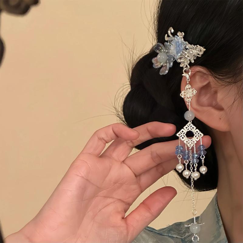 Flower Tassel Hair Clip Chinese Hanfu Style Crystal Pearl Tassel Hairpin For Women