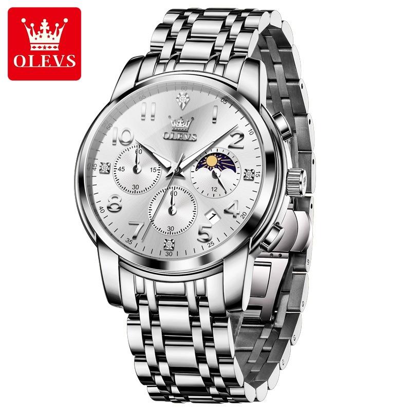 OLEVS Mulitifunction Quartz Watch for Men Original Stainless Steel Waterproof Luminous Chronograph Moon Phase Man Watch