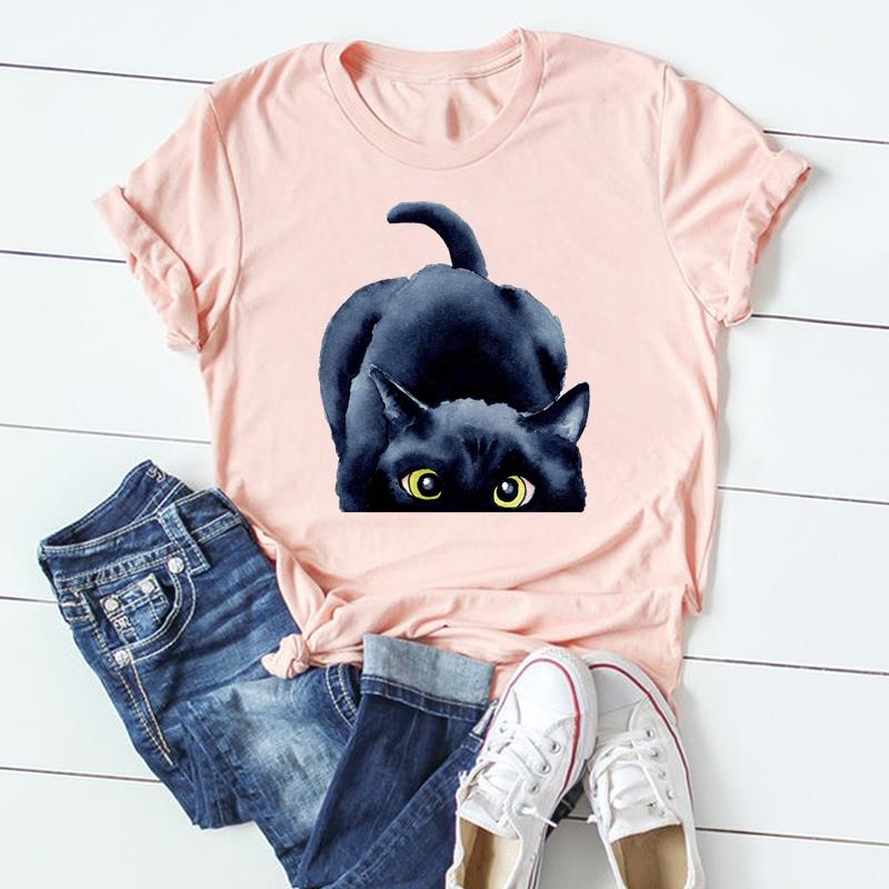 (Asian Size) Tshirt Lady Cartoon T Tee Top Women Print Fashion Clothes Female Clothing Short Sleeve Cat Animal Pet Graphic T-shirt
