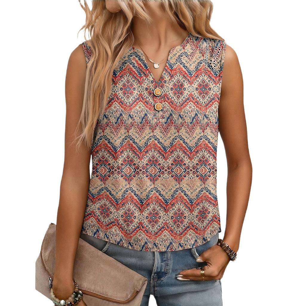 Women's Casual, Loose-Fitting, Printed, Sleeveless Linen Blouse