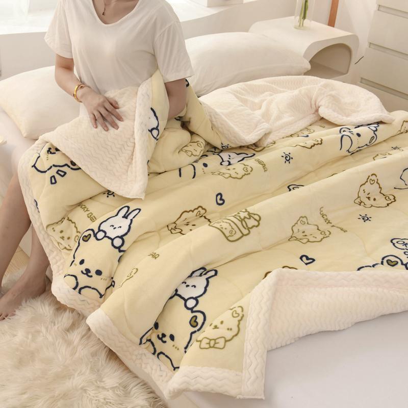 Thickened Warm Coral Fleece Winter Blanket for Bed Cartoon Bear Printed Double-layer Milk Velvet Blankets Double Plush Comforter