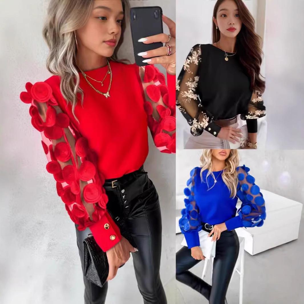 

Autumn Round Neck Petal Sleeve Blouse for Women XXL
