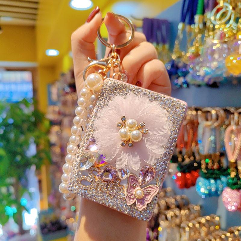 Modern Minimalist Glass Compact Mirror Keychain With Rhinestones For Travel And Daily Makeup