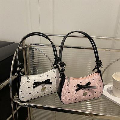 Y2k Pink Bow Armpit Bag for Women, New Fashionable and Versatile Texture Light Luxury Single Shoulder Small Square Bags KTB