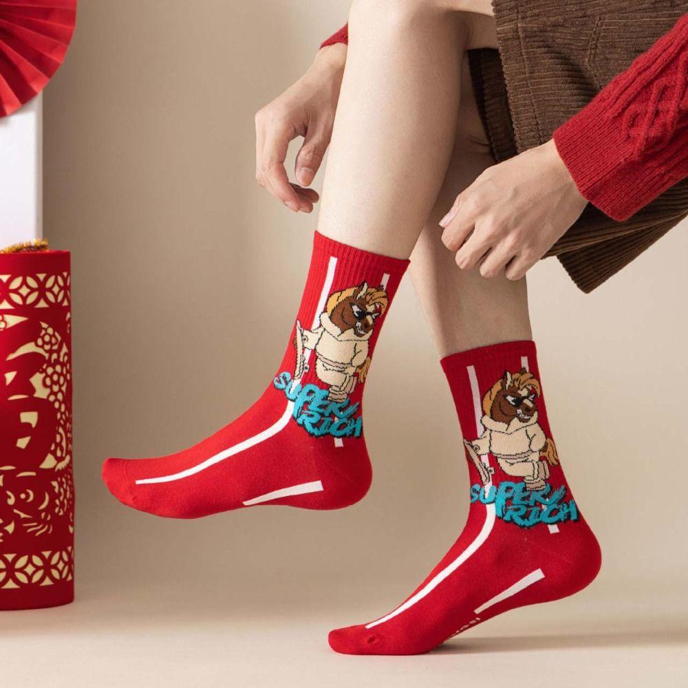 Cartoon Year of The Horse Socks Letter Zodiac Year Socks Cute New Year Tube Socks  Women