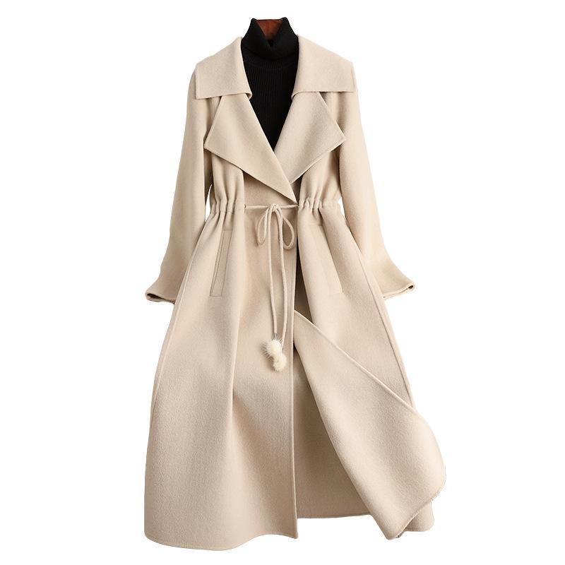 2024 Autumn/Winter Women's Long Double-Faced Wool Coat - Over-the-Knee, Slimming, High-End Wool Blend.