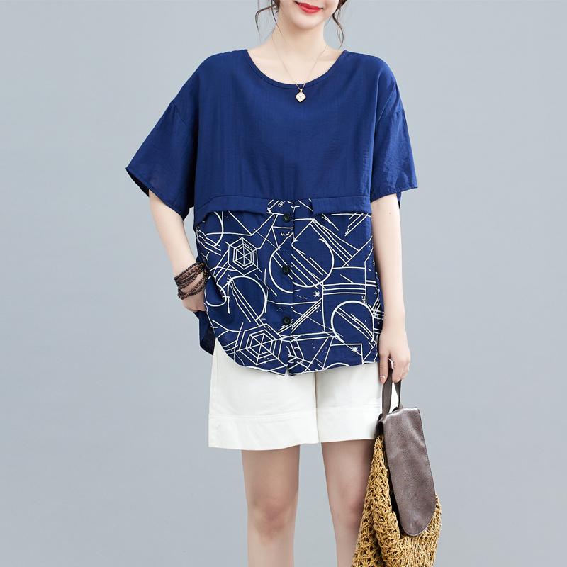 

MOJTA летняя женская блузка больших размеров с короткими рукавами и принтом, корейская версия, свободная кукольная рубашка с вышивкой one size синий