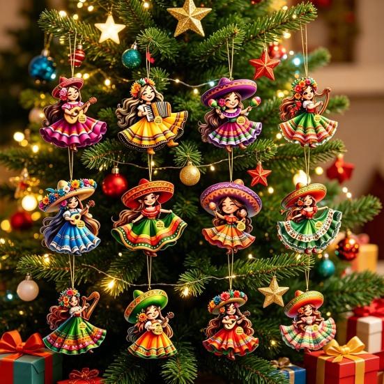 Yousheng 12 Pcs Mexican Dancing Girls Ornament Cinco De Mayo Hanging Decoration Wooden Fiesta Mexico Ornament for Carnivals Party Favors Home Tree