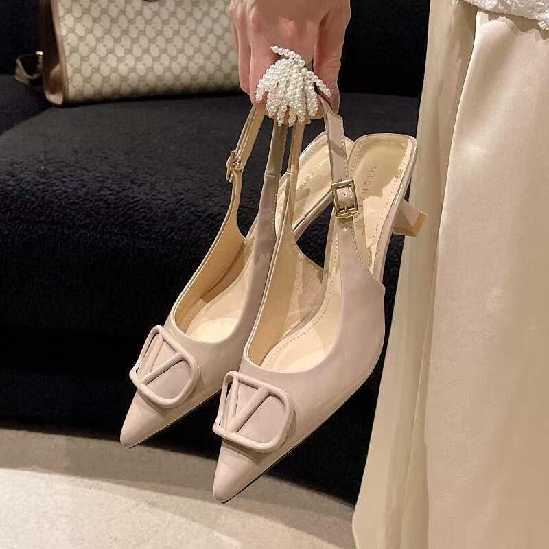 2025 New French Stiletto Black Patent Leather High Heels Pointed Head with Bag Head Sandals Women's Summer Wear