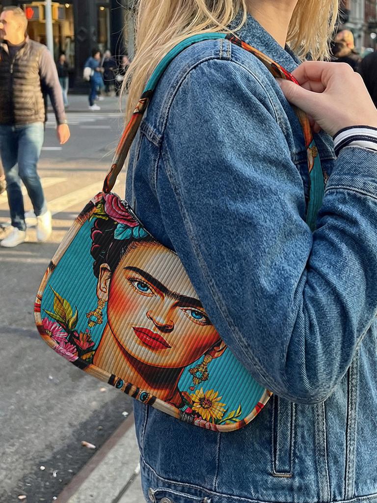 Trendy Frida Kahlo Print Shoulder Bag, Corduroy Underarm Bag for Daily Casual Use