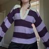 Womens V-Neck Striped Knit Sweater 3D Streetwear Loose Fit Casual Top