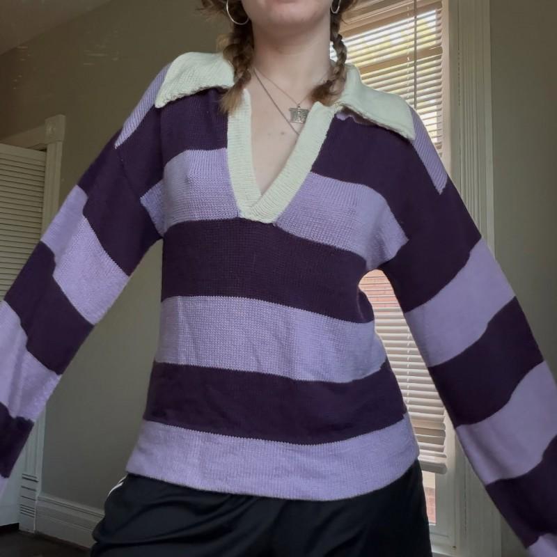Womens V-Neck Striped Knit Sweater 3D Streetwear Loose Fit Casual Top
