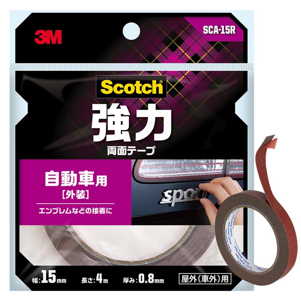 3M Strong Scotch Tape for Automotive Exterior Professional 15mm 4m Long Double-Sided Semi-Long Emblems, Grade, Wide, (SCA-15R)